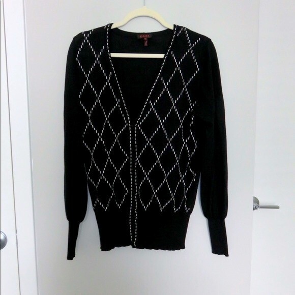 Escada Wool Cardigan Sweater Black and White Argyle Button Front V-Neck 38 - Picture 3 of 9